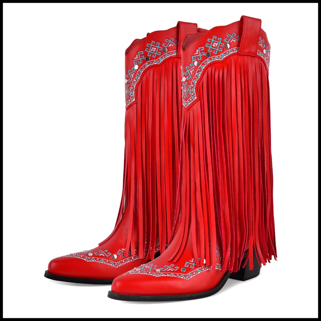 Mid Calf Fringe Cowboy Boots Chunky Heel Embroidered Western Booties